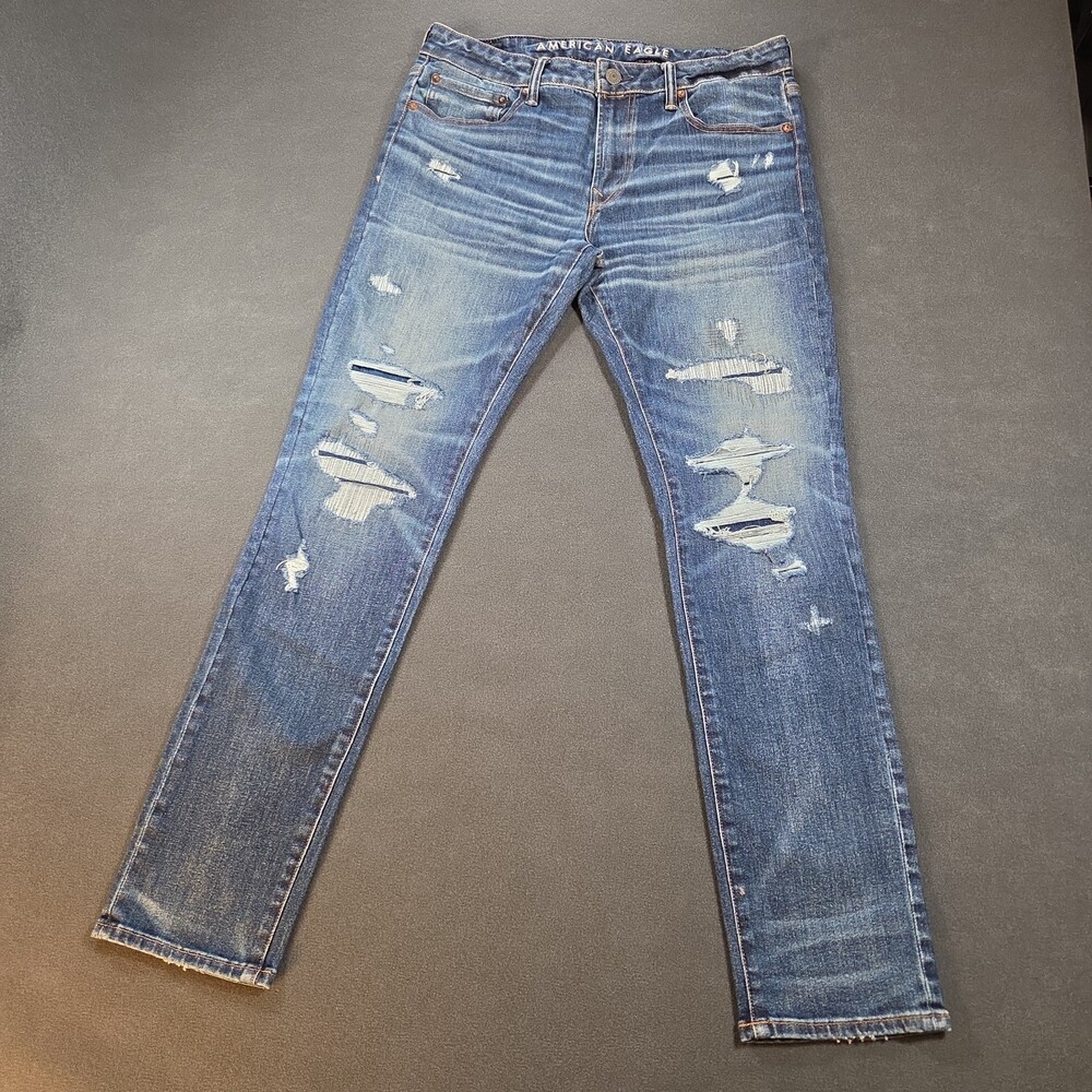 American Eagle Jeans Mens 34x32 Slim Straight Distressed Ripped Whisker Medium